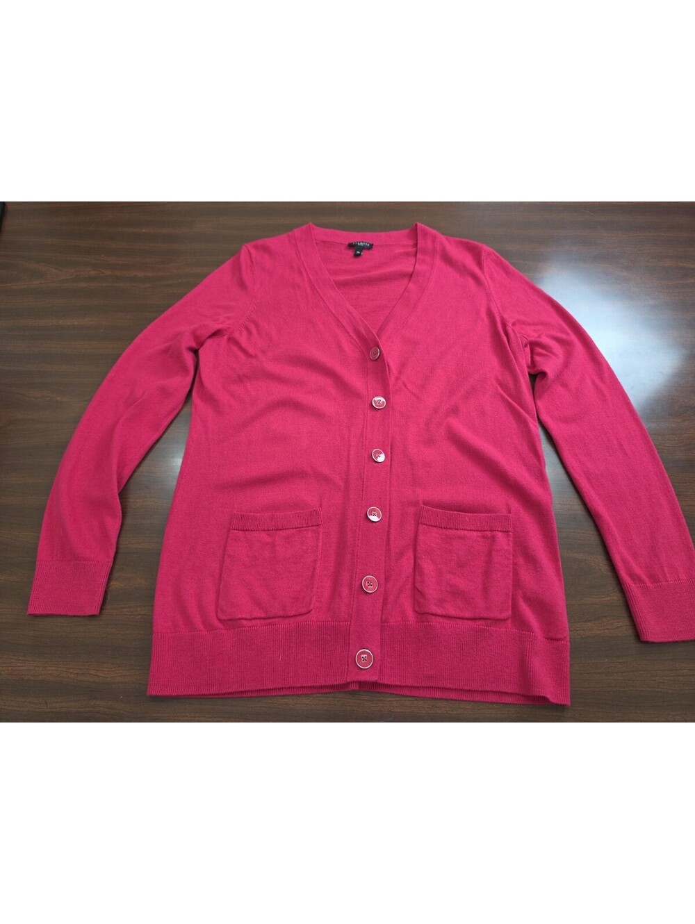 Talbots Cardigan Sweater Medium Petite Pink Red V Neck Button Pocket Classic